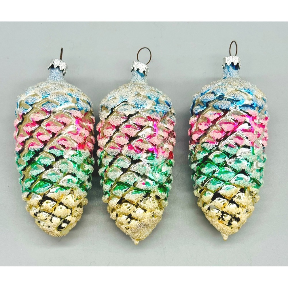 West Germany Multi Color Glass Pinecone Christmas Ornament Frosted Set of 3